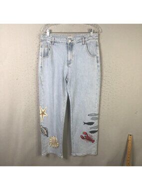 Beach Jeans Womens L Light Wash Crop Embroidered Starfish Yacht Cruise Resort